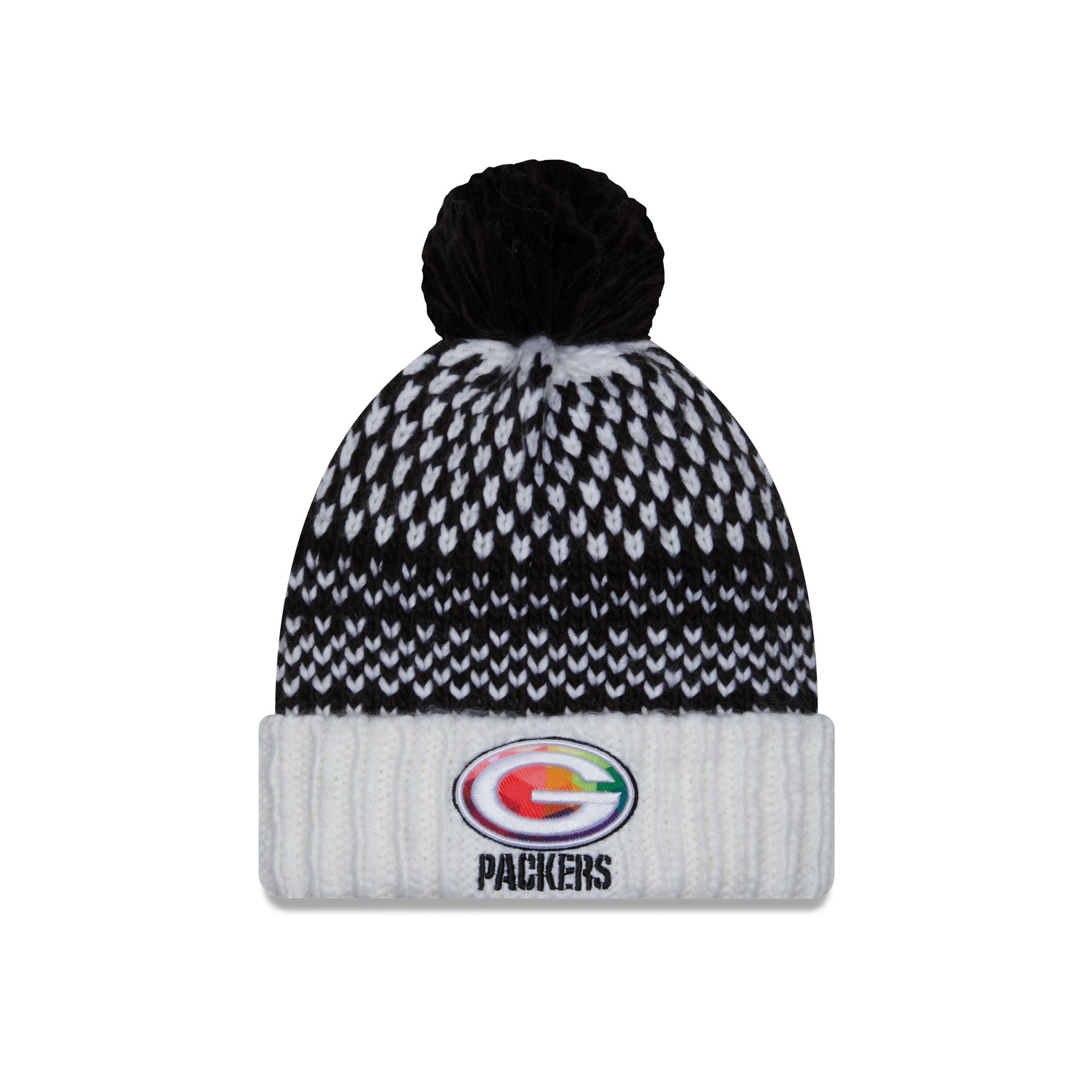 Women's New Era Black/White Green Bay Packers 2023 NFL Crucial Catch Cuffed Pom Knit Hat