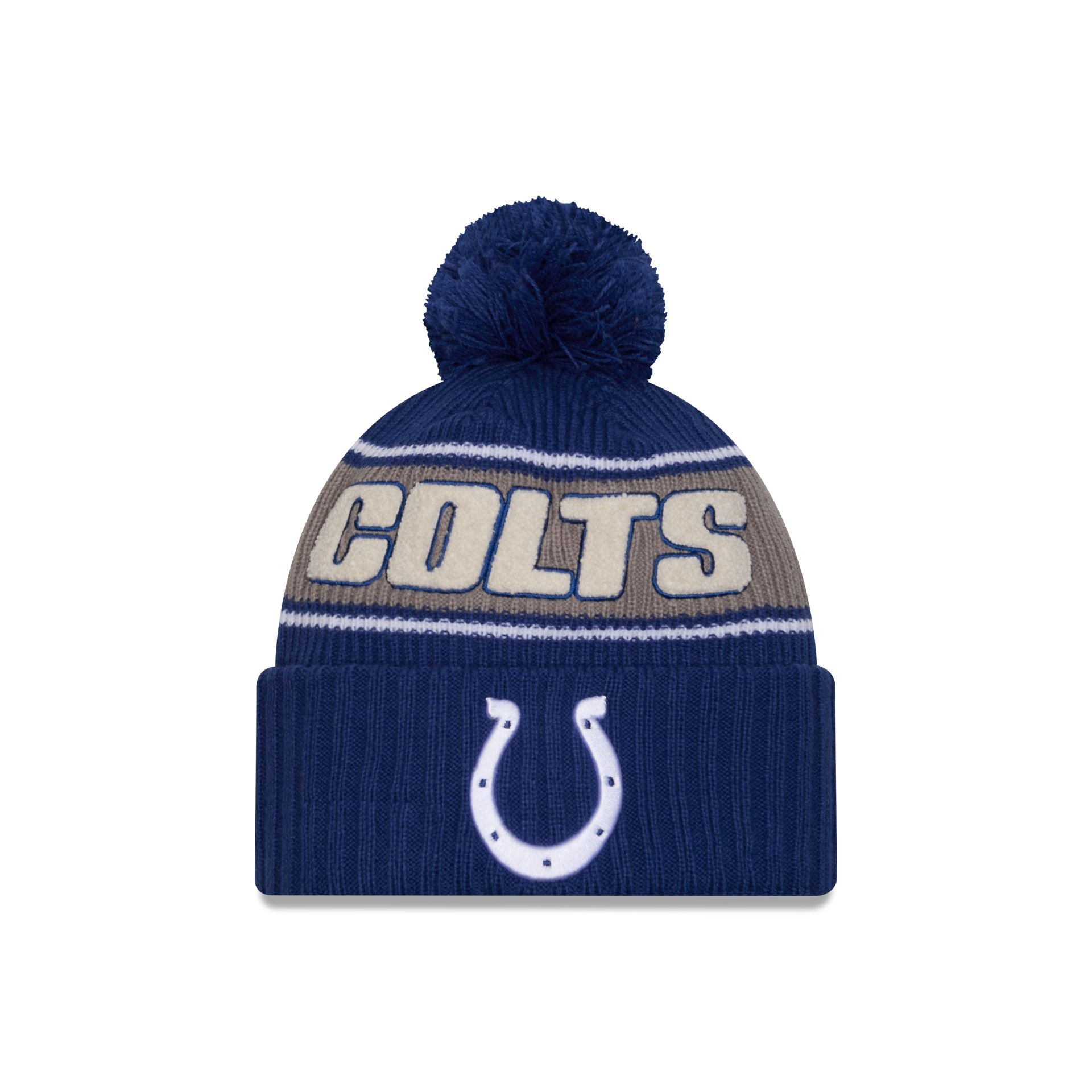 Indianapolis Colts New Era 2024 Blue Sideline Cuffed Knit Hat with Pom