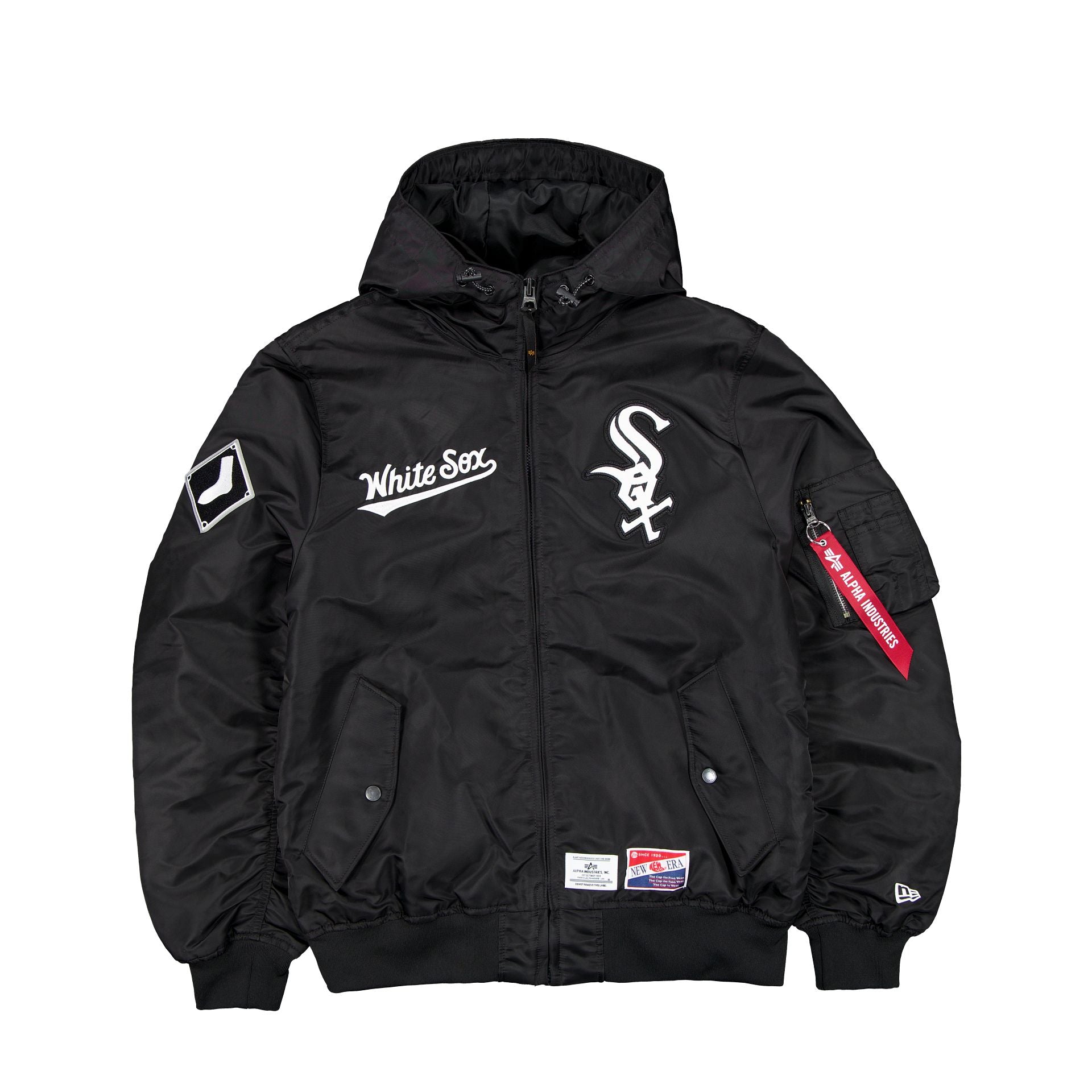 New Era x Alpha Industries Chicago White Sox L 2B Hooded Bomber Jacket Black L