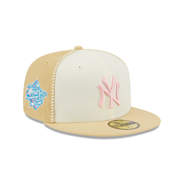 New Era Flat Brim Pink Logo 59FIFTY Seam Stitch New York Yankees Beige Fitted Cap